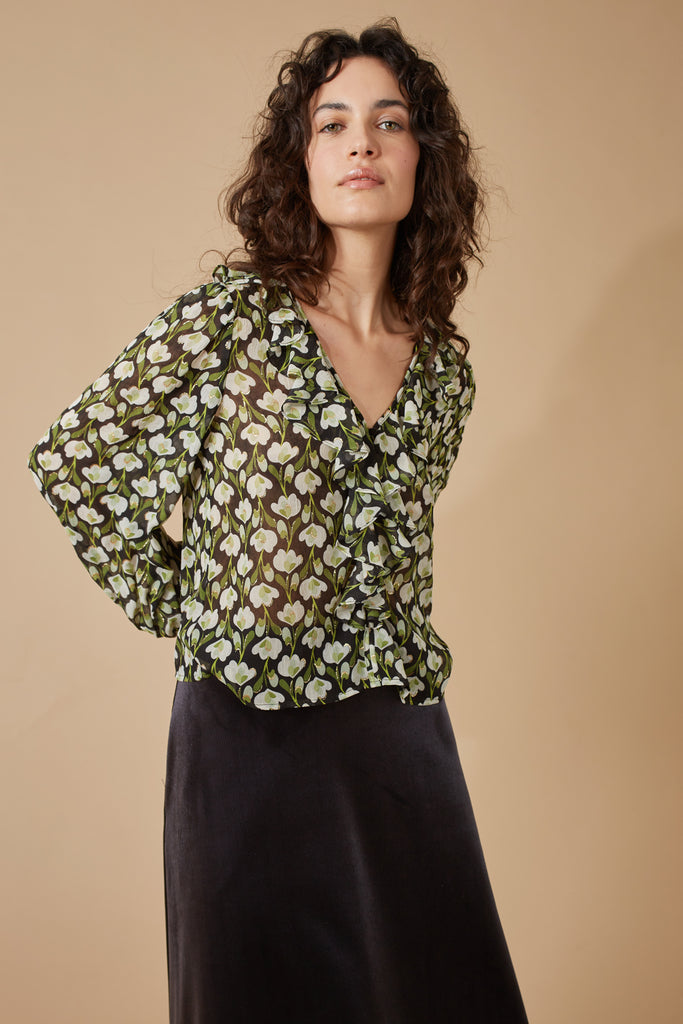 Black and Green Floral Print Long Sleeve V Neck Button Up Women's Shirt Close Up Front Model Shot