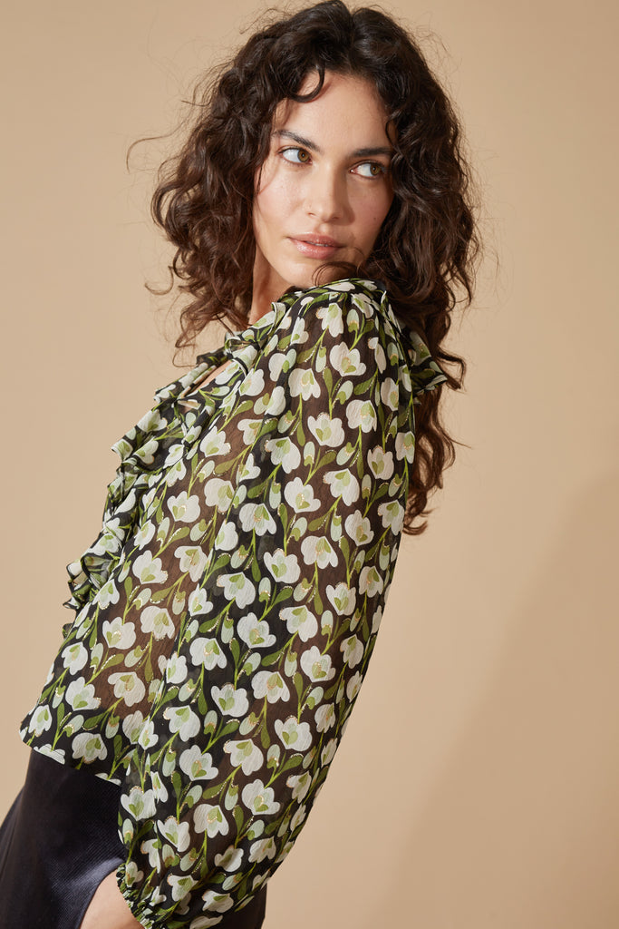 Black and Green Floral Print Long Sleeve V Neck Button Up Women's Shirt Close Up Side Model Shot