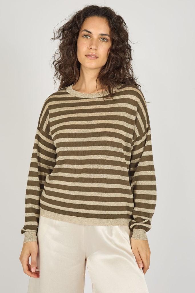 Olive Green and Beige Striped Long Sleeve High Neck Women's Jumper Close Up Front Model Shot