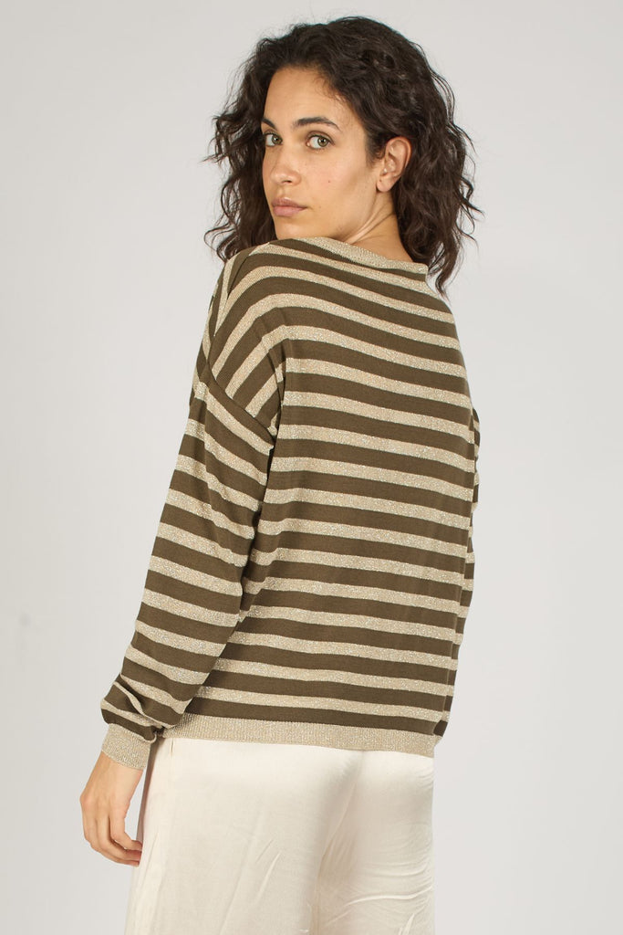 Olive Green and Beige Striped Long Sleeve High Neck Women's Jumper Close Up Back Model Shot