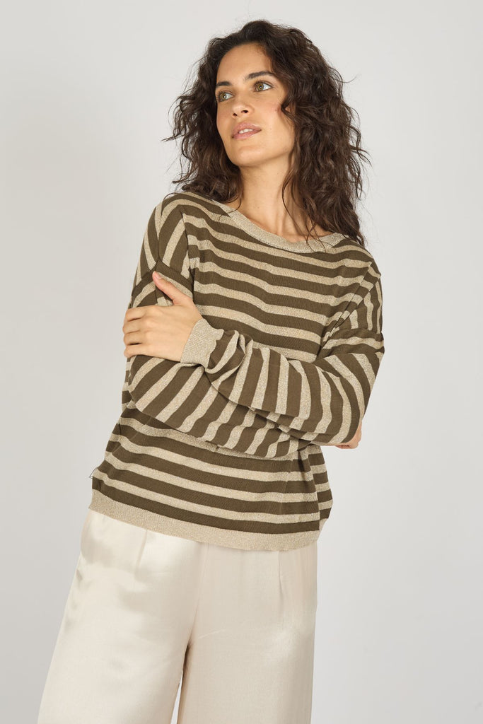 Olive Green and Beige Striped Long Sleeve High Neck Women's Jumper Close Up Front Model Shot 2