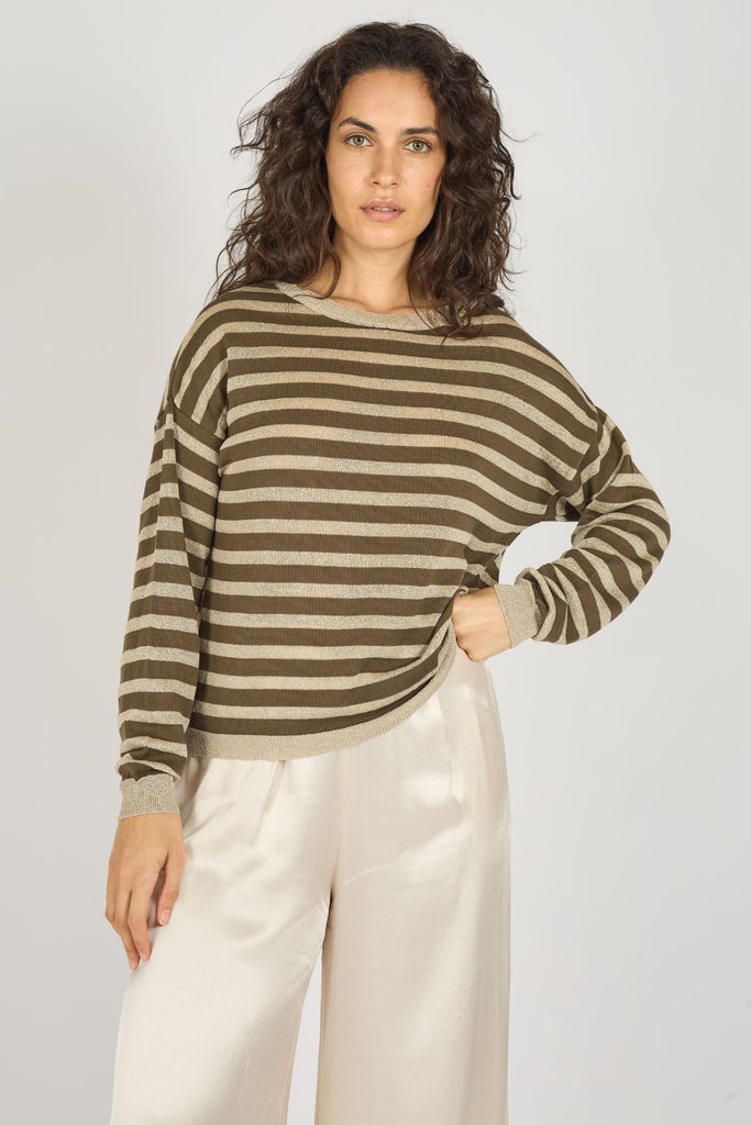 Olive Green and Beige Striped Long Sleeve High Neck Women's Jumper Front Model Shot