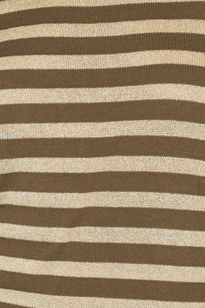 Close Up of Olive Green and Beige Striped Knitted Women's Jumper Fabric