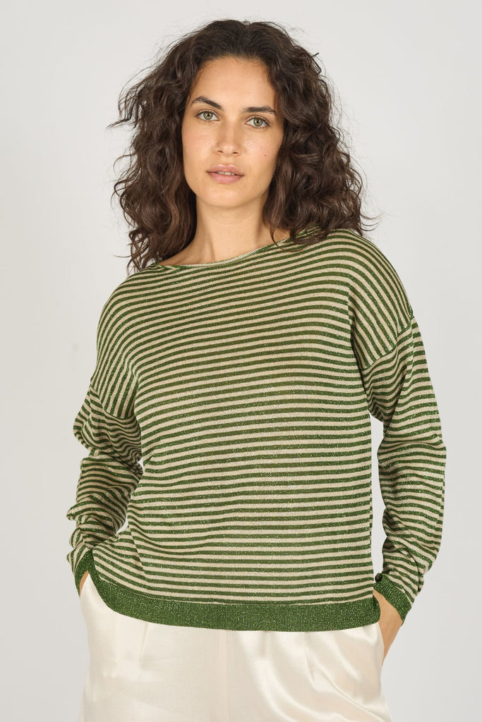 Green and Cream Glittery Striped Long Sleeve Knitted Women's Jumper Close Up Front Model Shot