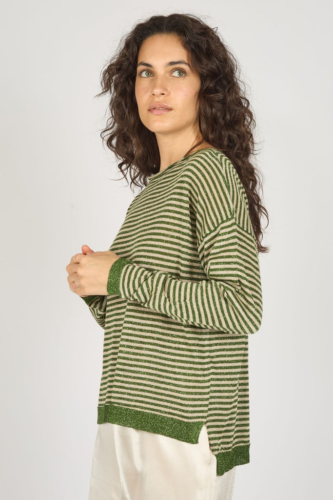 Green and Cream Glittery Striped Long Sleeve Knitted Women's Jumper Close Up Side Model Shot