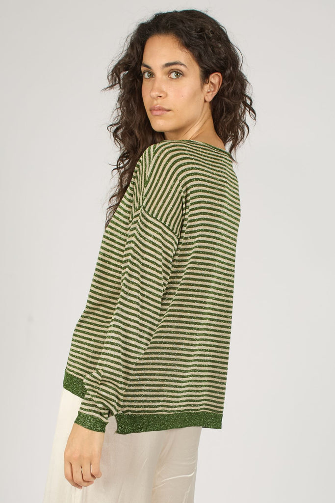 Green and Cream Glittery Striped Long Sleeve Knitted Women's Jumper Close Up Back Model Shot