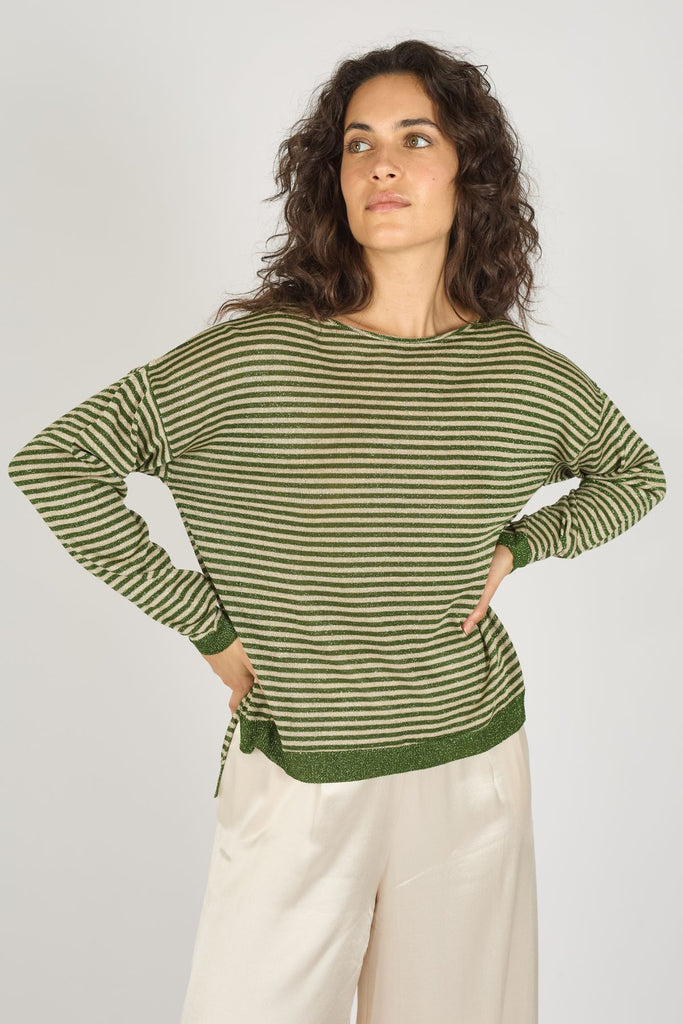 Green and Cream Glittery Striped Long Sleeve Knitted Women's Jumper Close Up Front Model Shot 2