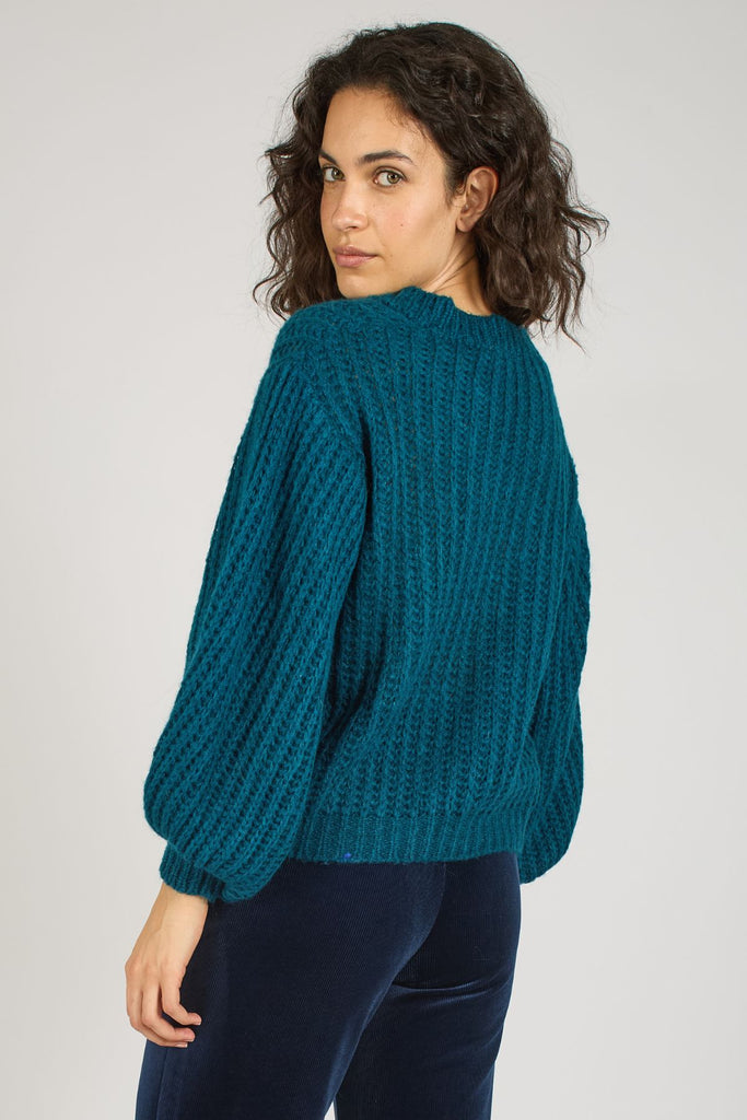 Blue Long Balloon Sleeve Knitted Women's Jumper Close Up Back Model Shot