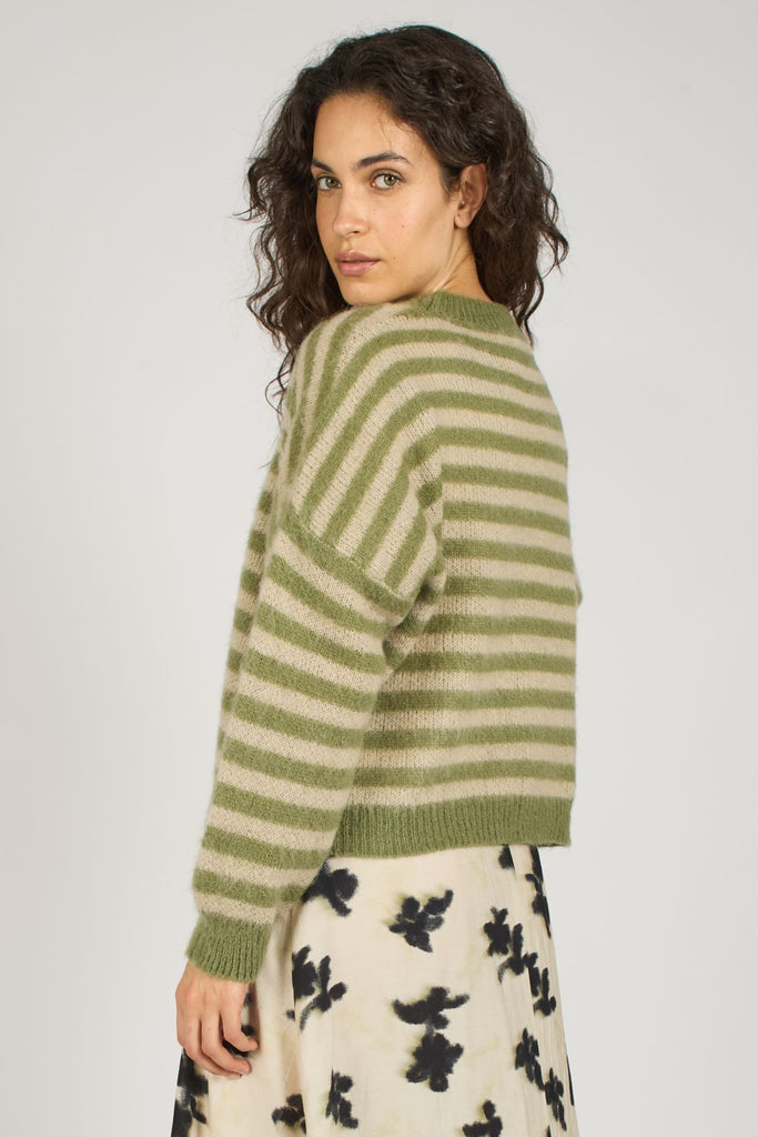 Green and Cream Striped Long Sleeve High Neck Knitted Women's Jumper Close Up Back Model Shot