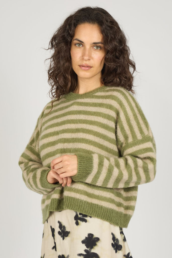 Green and Cream Striped Long Sleeve High Neck Knitted Women's Jumper Close Up Front Model Shot 2