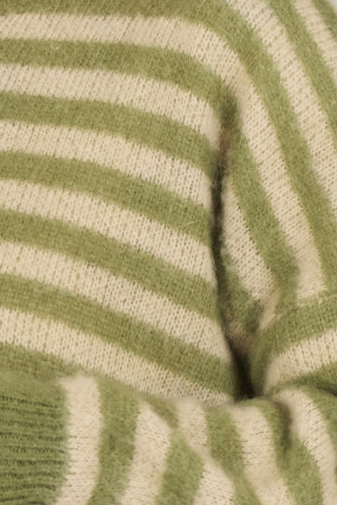 Close Up of Green and Cream Striped Knitted Jumper Fabric