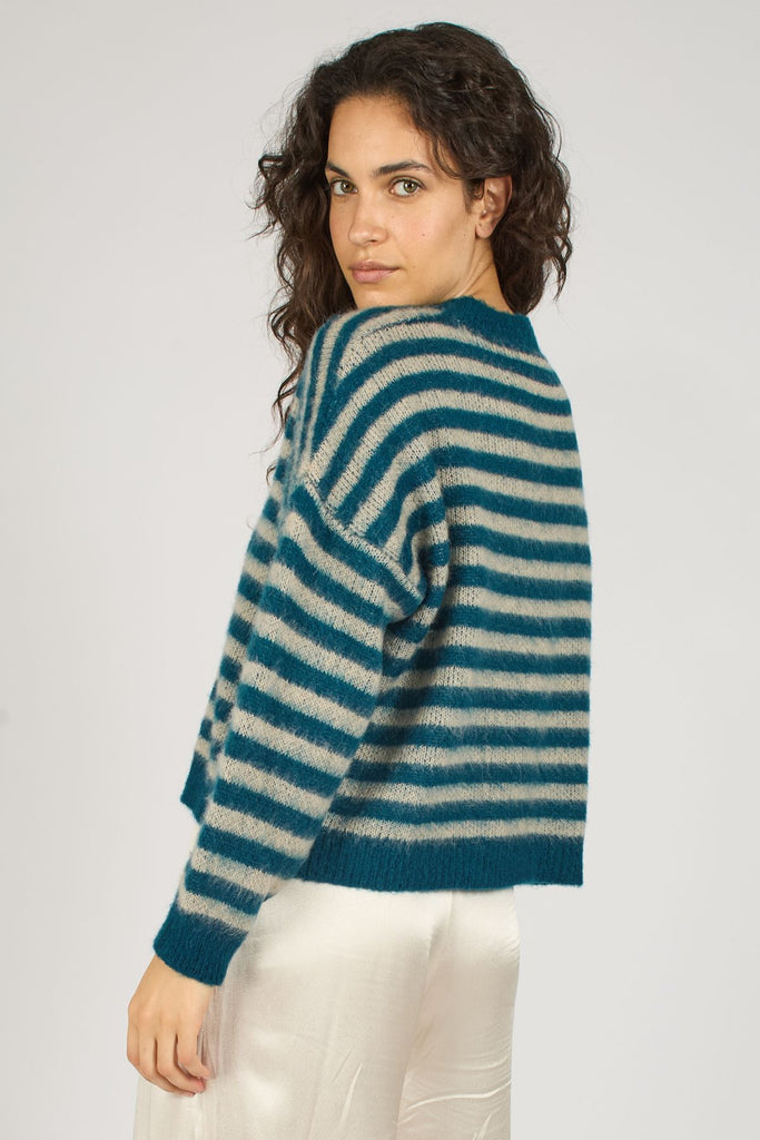 Blue and Cream Striped Long Sleeve High Neck Knitted Women's Jumper Close Up Back Model Shot