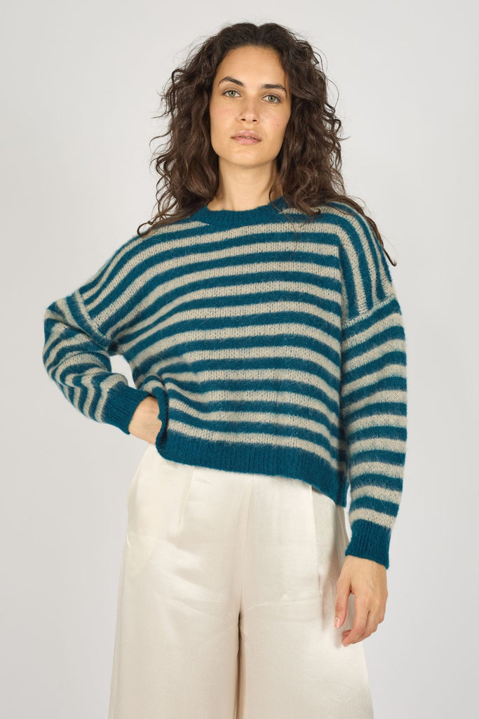 Blue and Cream Striped Long Sleeve High Neck Knitted Women's Jumper Close Up Front Model Shot 3