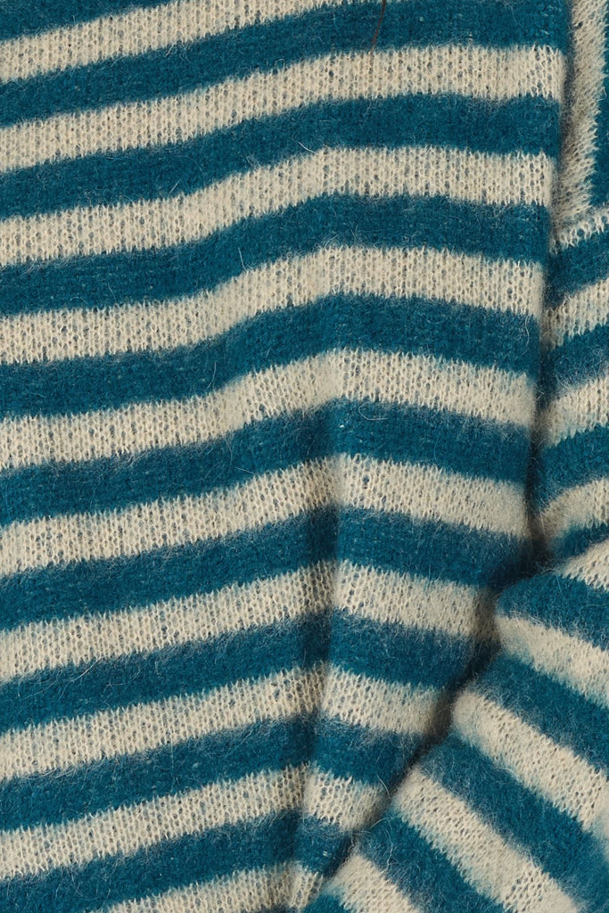 Close Up of Blue and Cream Striped Knitted Women's Jumper Fabric