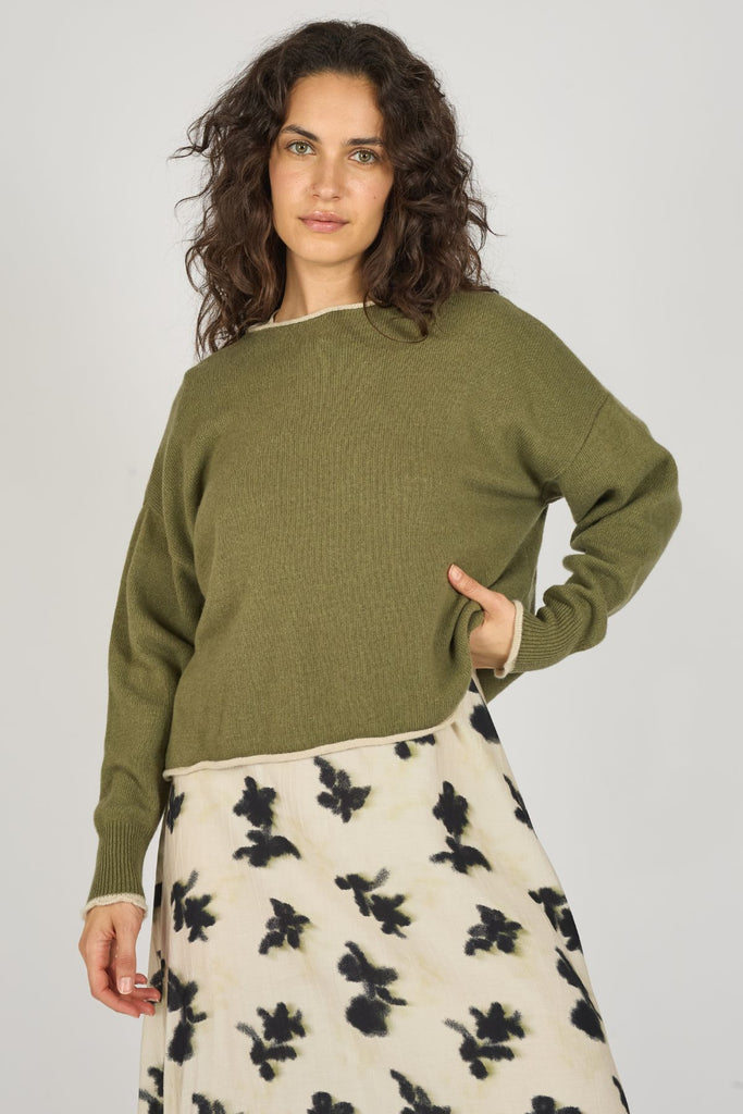 Green Cream Trim Long Sleeve Knitted Women's Jumper Front Model Shot