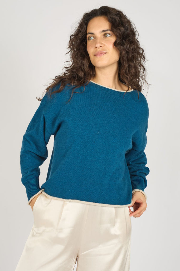 Blue Cream Trim Long Sleeve Knitted Women's Jumper Close Up Front Model Shot 2