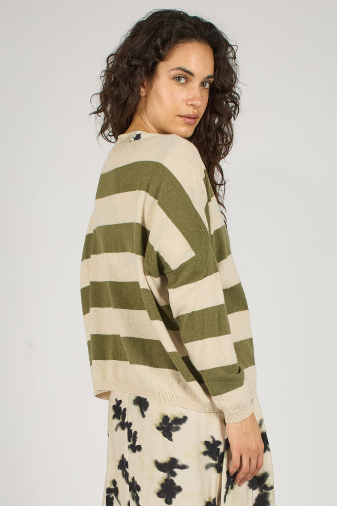 Green and Cream Striped Boat Neck Long Sleeve Knitted Women's Jumper Close Up Back Model Shot