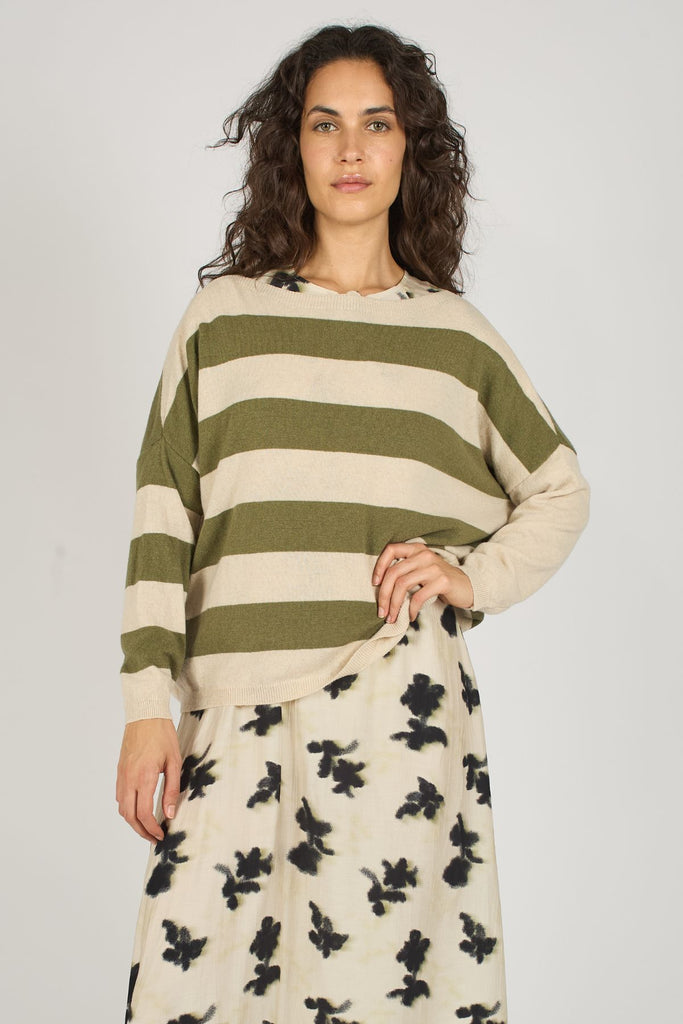 Green and Cream Striped Boat Neck Long Sleeve Knitted Women's Jumper Front Model Shot