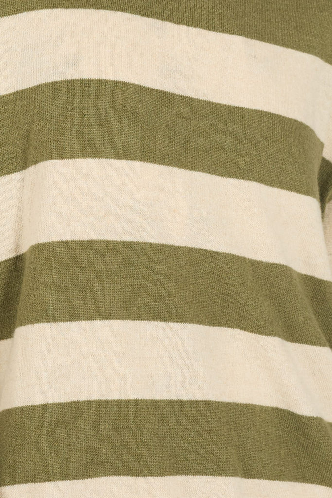 Close Up of Green and Cream Striped Knitted Women's Jumper Fabric