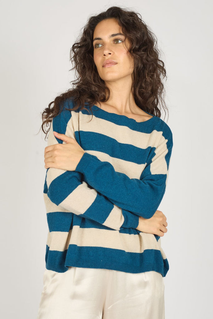 Blue and Cream Striped Boat Neck Long Sleeve Knitted Women's Jumper Close Up Front Model Shot 2