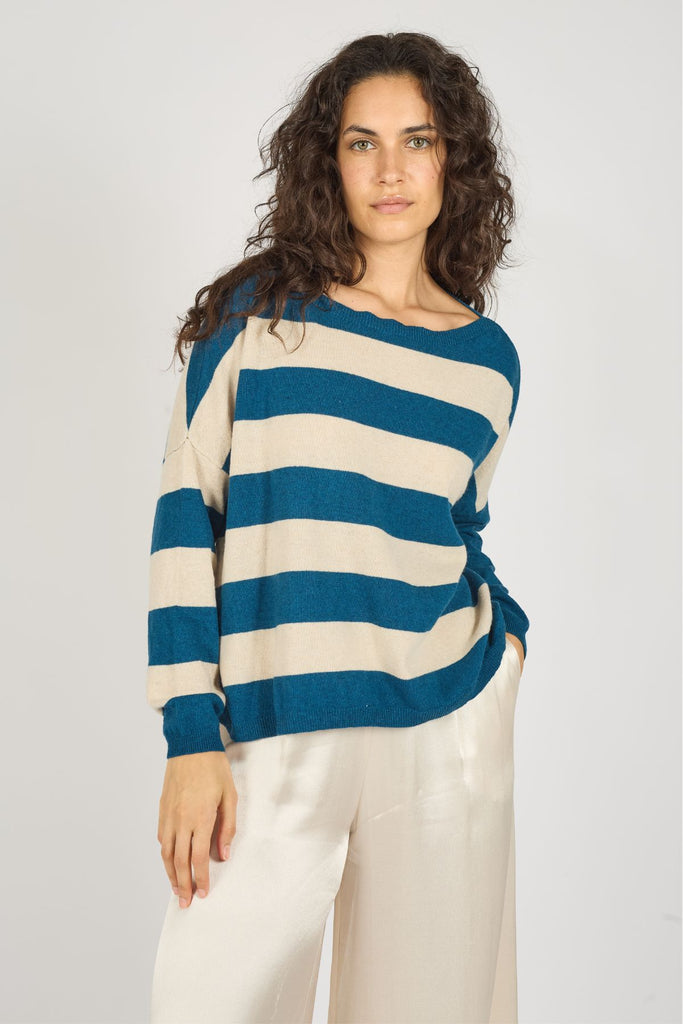 Blue and Cream Striped Boat Neck Long Sleeve Knitted Women's Jumper Front Model Shot