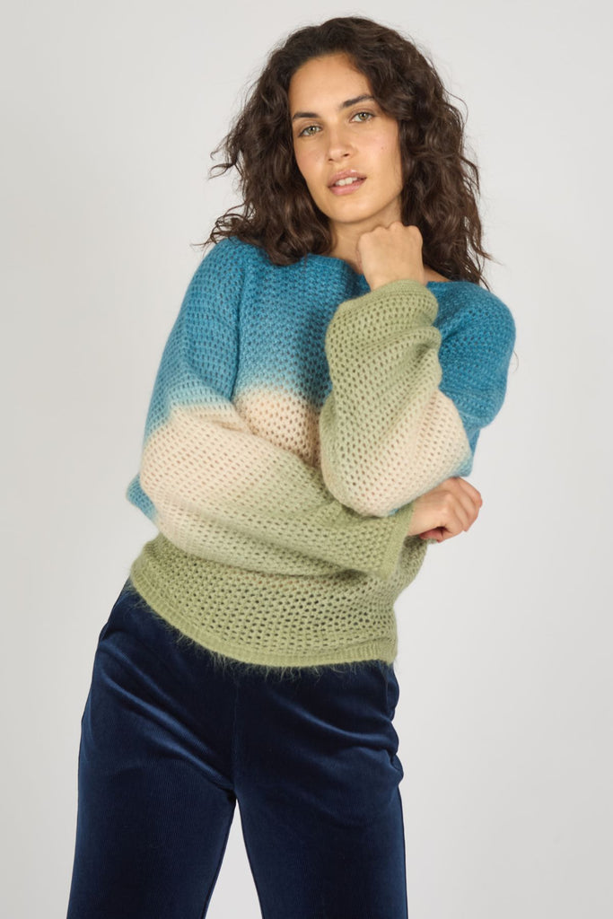 Blue Cream and Green Ombre Striped Long Sleeve Loose Fit Knitted Women's Jumper Close Up Front Model Shot 2