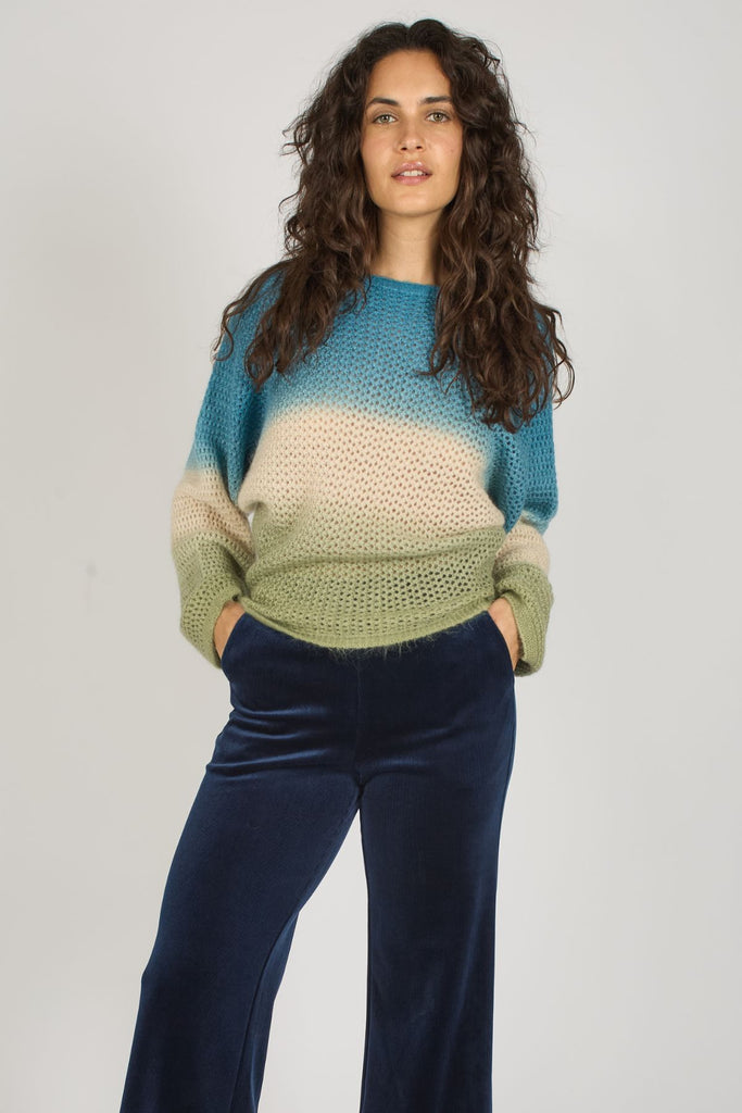 Blue Cream and Green Ombre Striped Long Sleeve Loose Fit Knitted Women's Jumper Front Model Shot