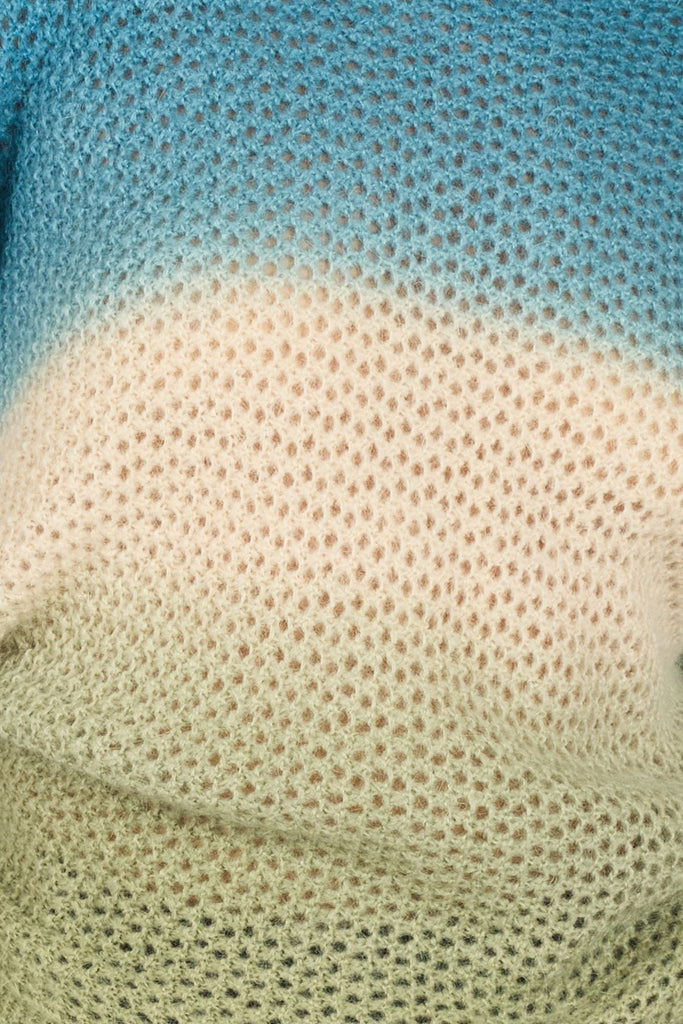 Close Up of Blue Cream and Green Ombre Striped Knitted Women's Jumper Fabric