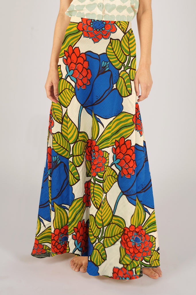Close Up Front Model Shot of Blue Green and Red Floral Print Circle Maxi Skirt