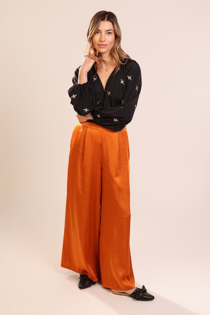 Second front shot of model wearing a black long sleeve V-neck relaxed fit blouse with metallic bee embroideries.