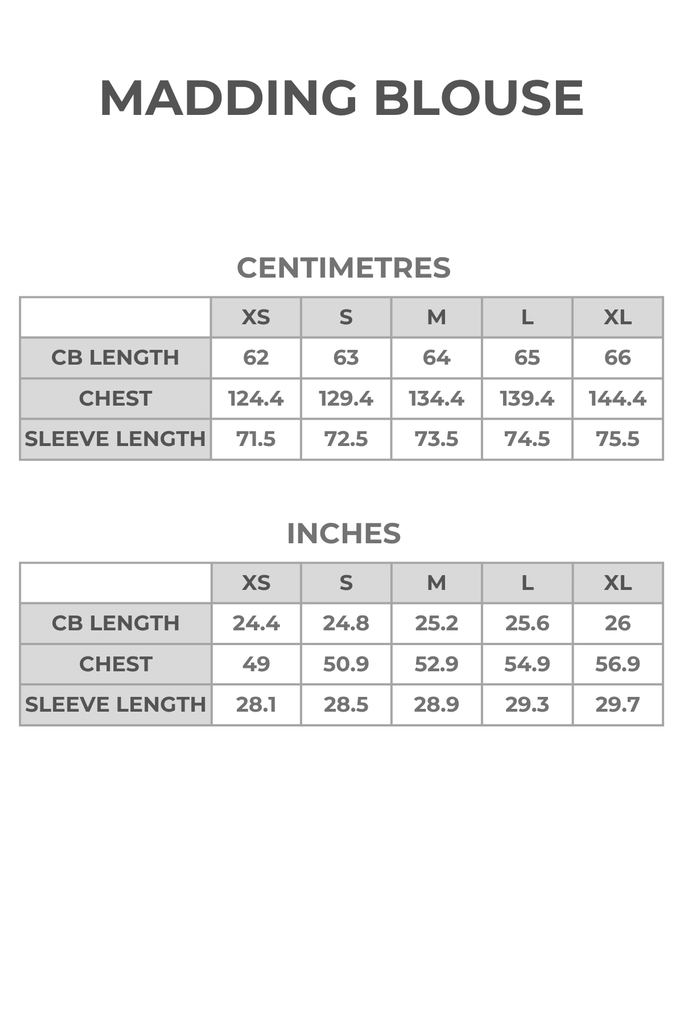 Full sizing chart for relaxed blouse in centimetres and inches.