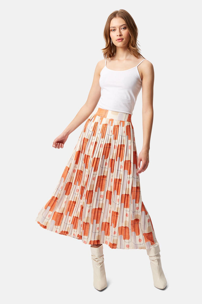 Traffic People Abstract Watercolour Pleated Midi Skirt Front View Image