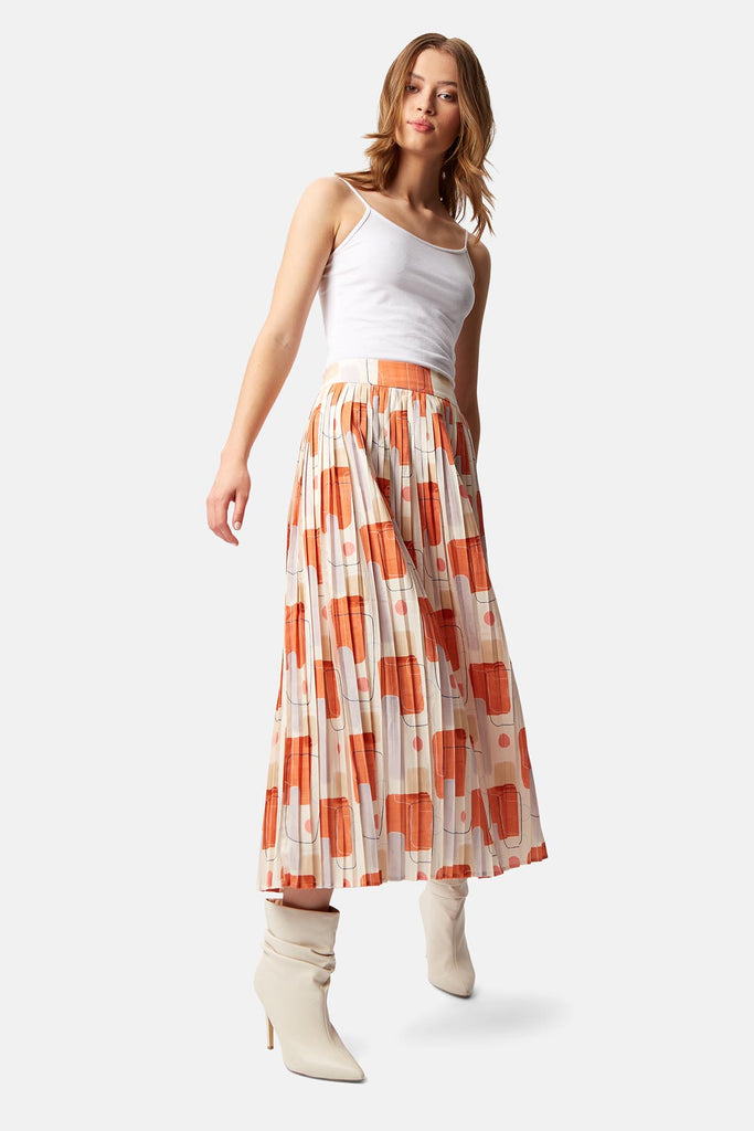 Traffic People Abstract Watercolour Pleated Midi Skirt Back View Image