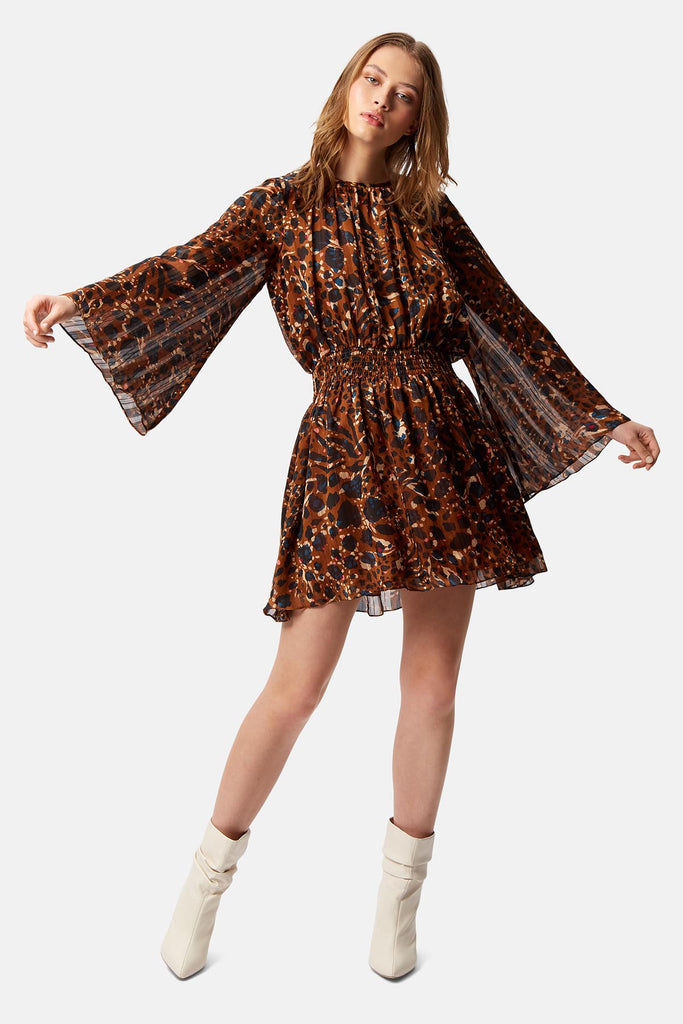 Traffic People Mellow Printed Mini Dress in Brown Front View Image