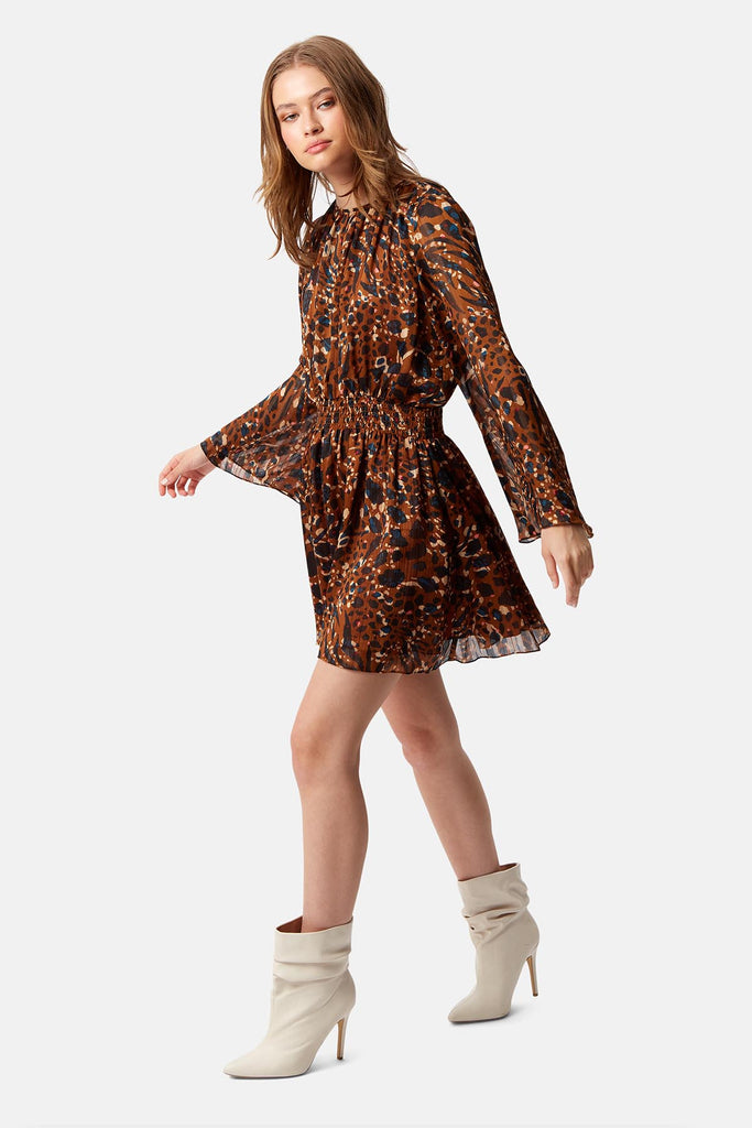 Traffic People Mellow Printed Mini Dress in Brown Back View Image