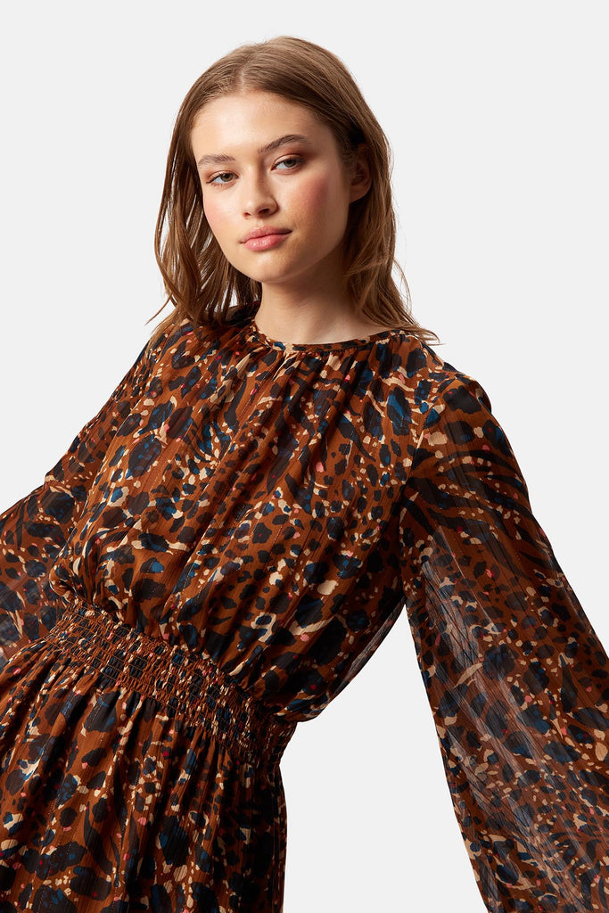 Traffic People Mellow Printed Mini Dress in Brown Close Up Image