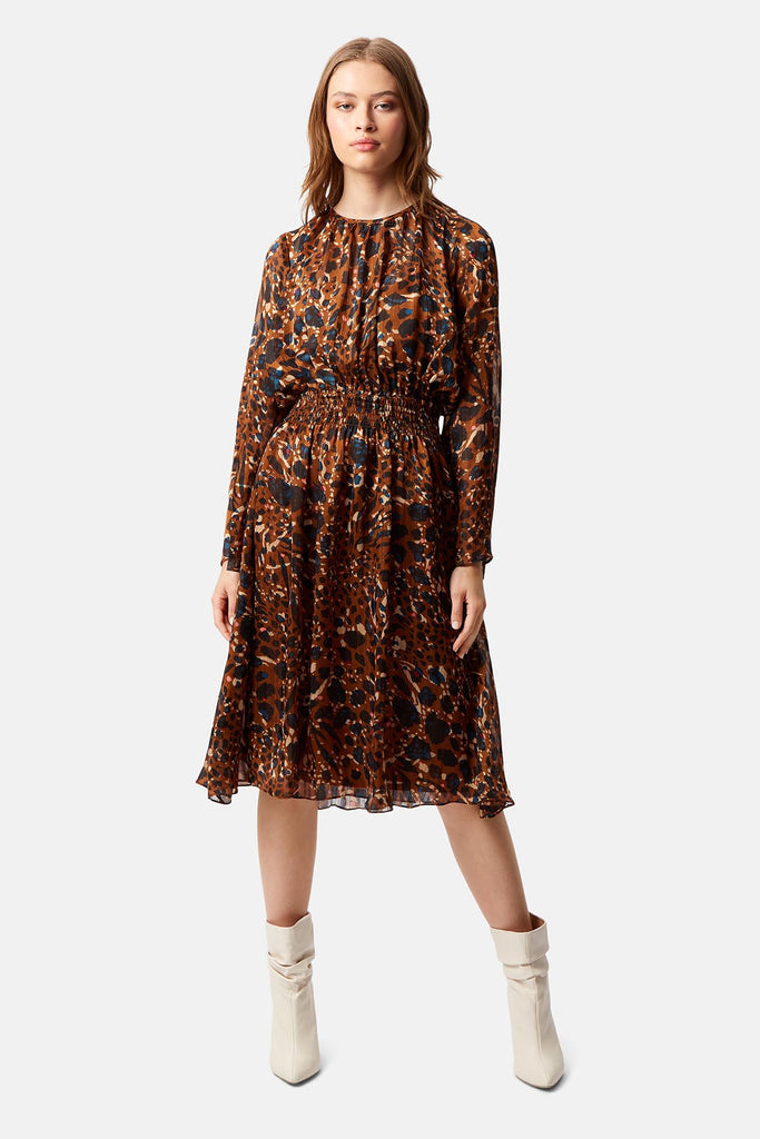 Traffic People Blotting Bounty Midi Trance Dress in Brown Front View Image
