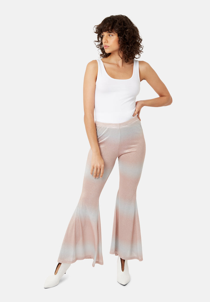 Traffic People Flaunt and Flare Metallic Fitted Trouser in Pink and Silver Side View Image