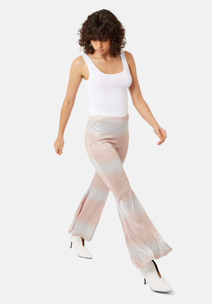 Traffic People Flaunt and Flare Metallic Fitted Trouser in Pink and Silver Front View Image