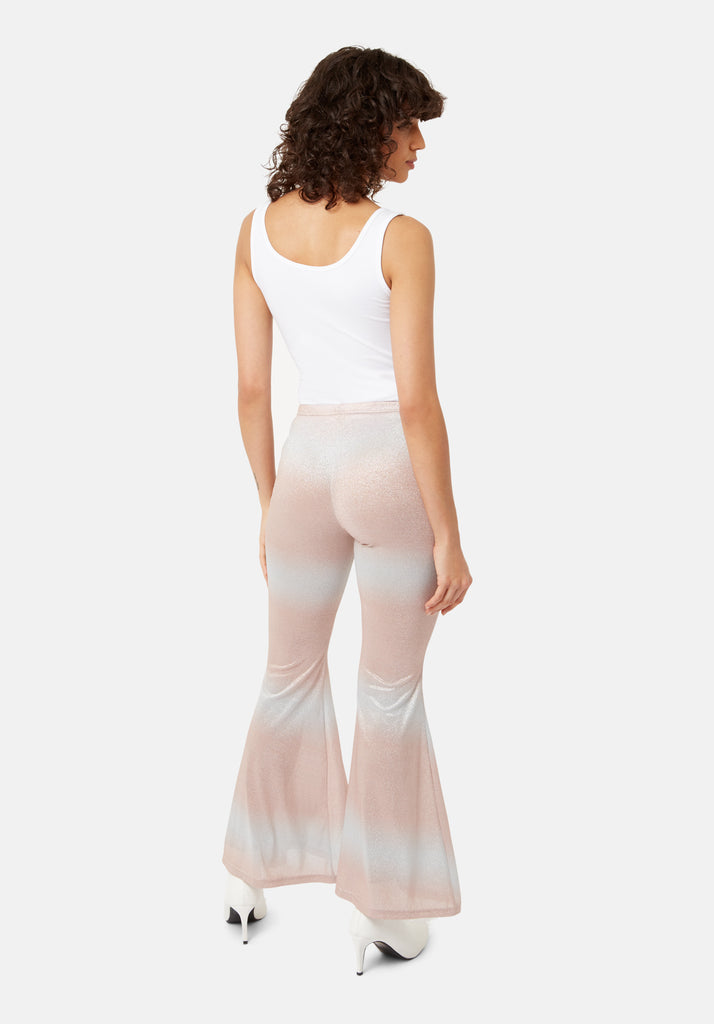 Traffic People Flaunt and Flare Metallic Fitted Trouser in Pink and Silver Back View Image