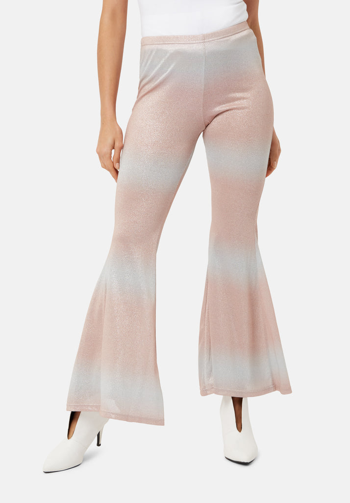 Traffic People Flaunt and Flare Metallic Fitted Trouser in Pink and Silver Close Up Image