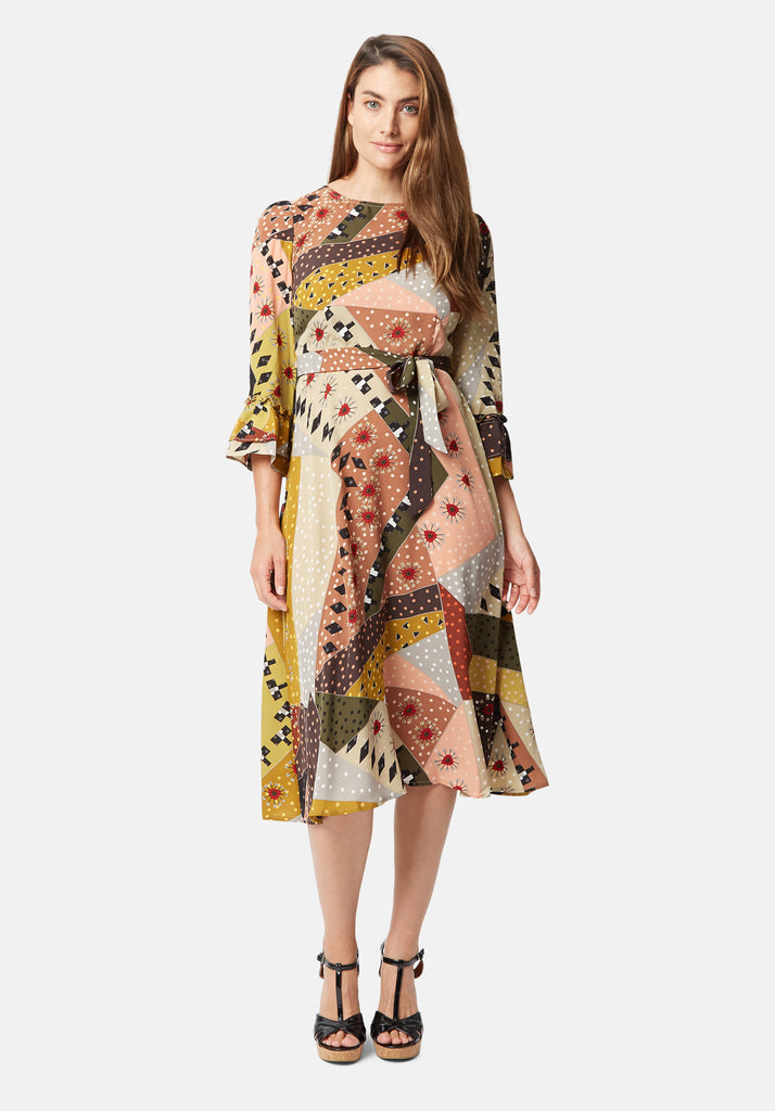 Traffic People Frill Printed Midi Dress in Multicolour Close Up Image