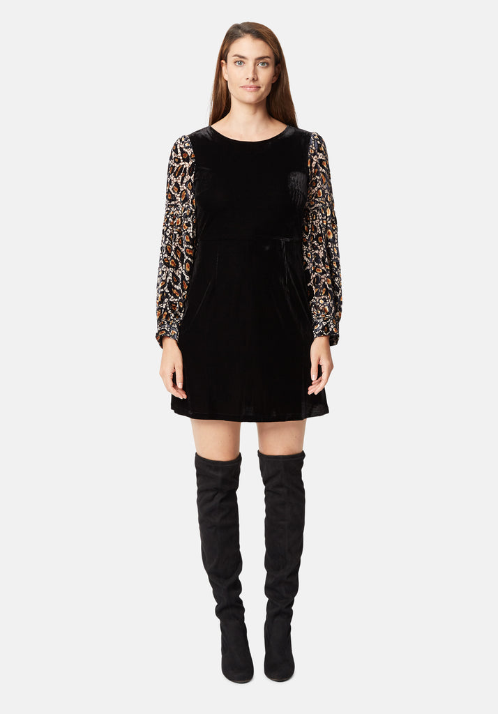 Traffic People Colby Mini Shift Dress in Black and Gold Close Up Image