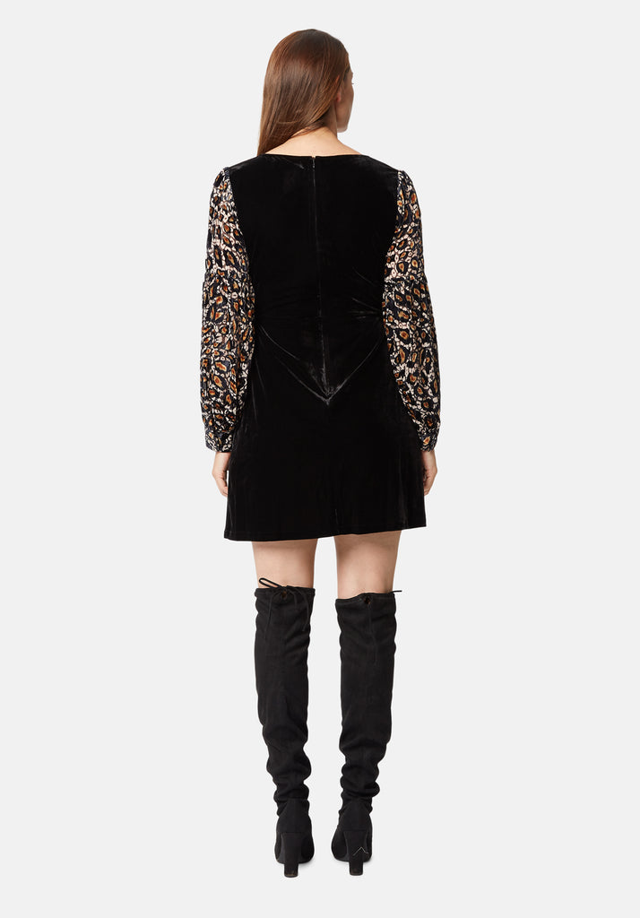 Traffic People Colby Mini Shift Dress in Black and Gold Back View Image