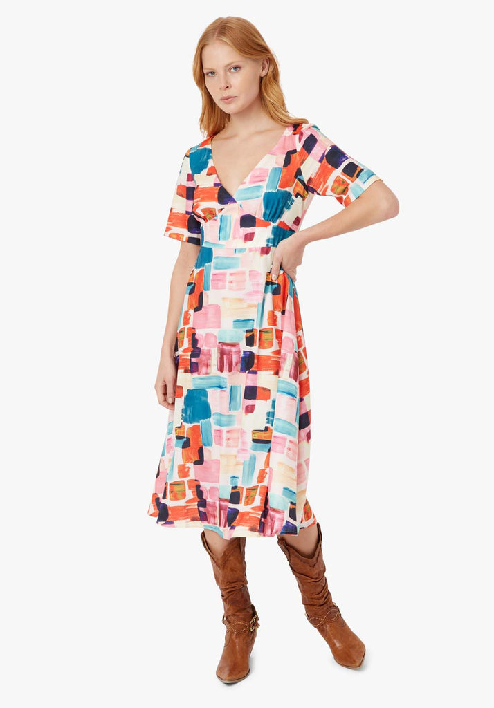Traffic People Preen Printed V-neck Midi Dress in Multicoloured Front View Image