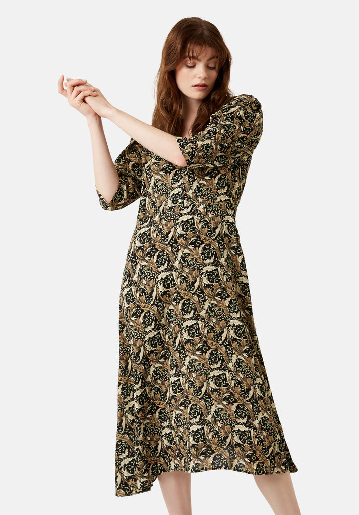 Traffic People V-Neck Fever Midi Printed Dress in Black Front View Image