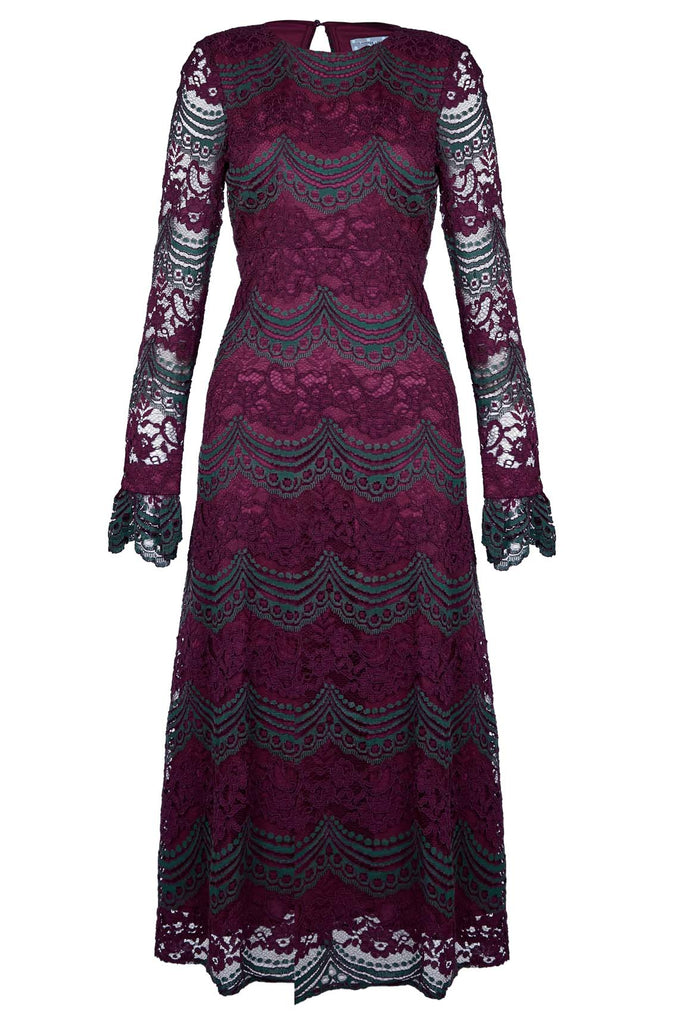 Traffic People Bountiful Lace Long Sleeve Midi Dress in Maroon and Green Front View Image