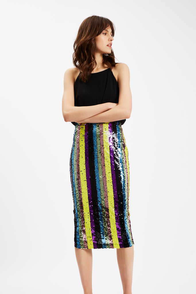 Traffic People Rainbow Ricochet Sequin Pencil Dress in Black Side View Image