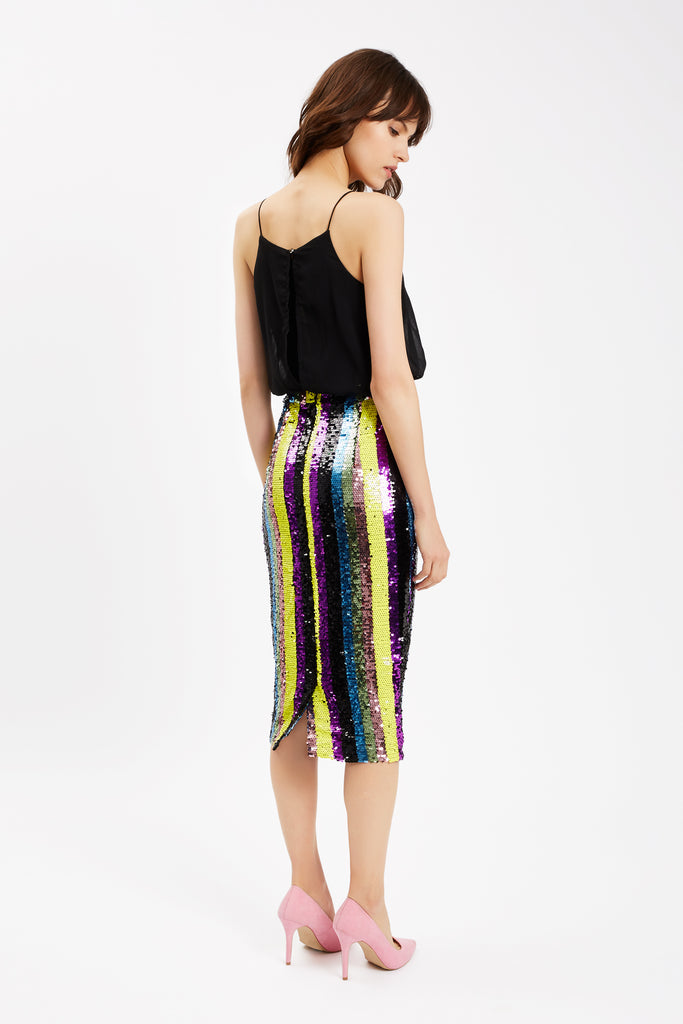 Traffic People Rainbow Ricochet Sequin Pencil Dress in Black Back View Image
