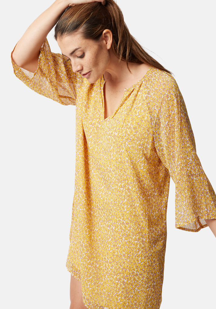 Traffic People Moments Long Sleeve Animal Print Dress in Yellow Close Up Image